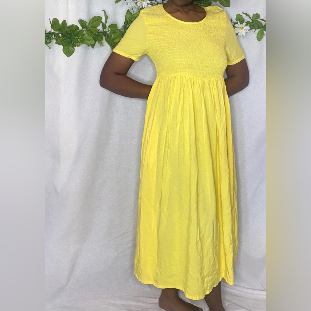 Anthony Richards yellow cottagecore ruched bodice maxi dress